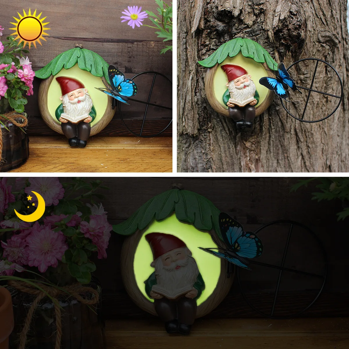Glowing Dwarf Reading Statue - Resin Tree Decor, Magical for Garden & Balcony