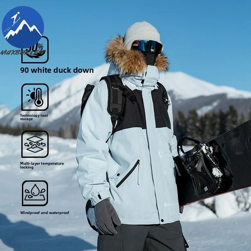 

Maxbarley Men Down Jacket Fashion Hooded Snow Skiing Warm Parka Luxury Hiking Lightweight Thicken Windproof Gorpcore Filled Coat