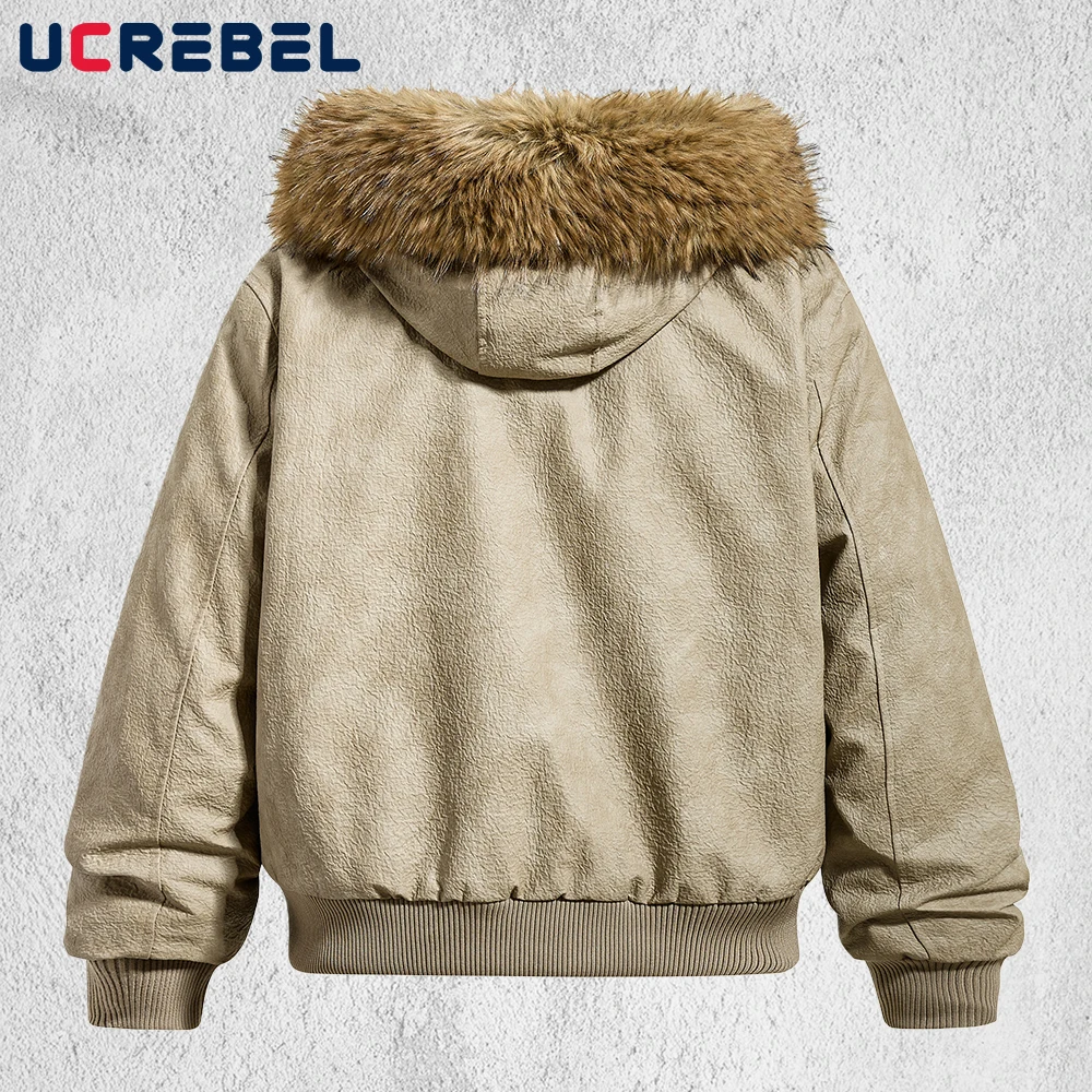 Spliced Pocket PU Leather Padded Jacket Mens Winter Thick Retro High Street Loose Long Sleeve Removable Hat Outerwear Man