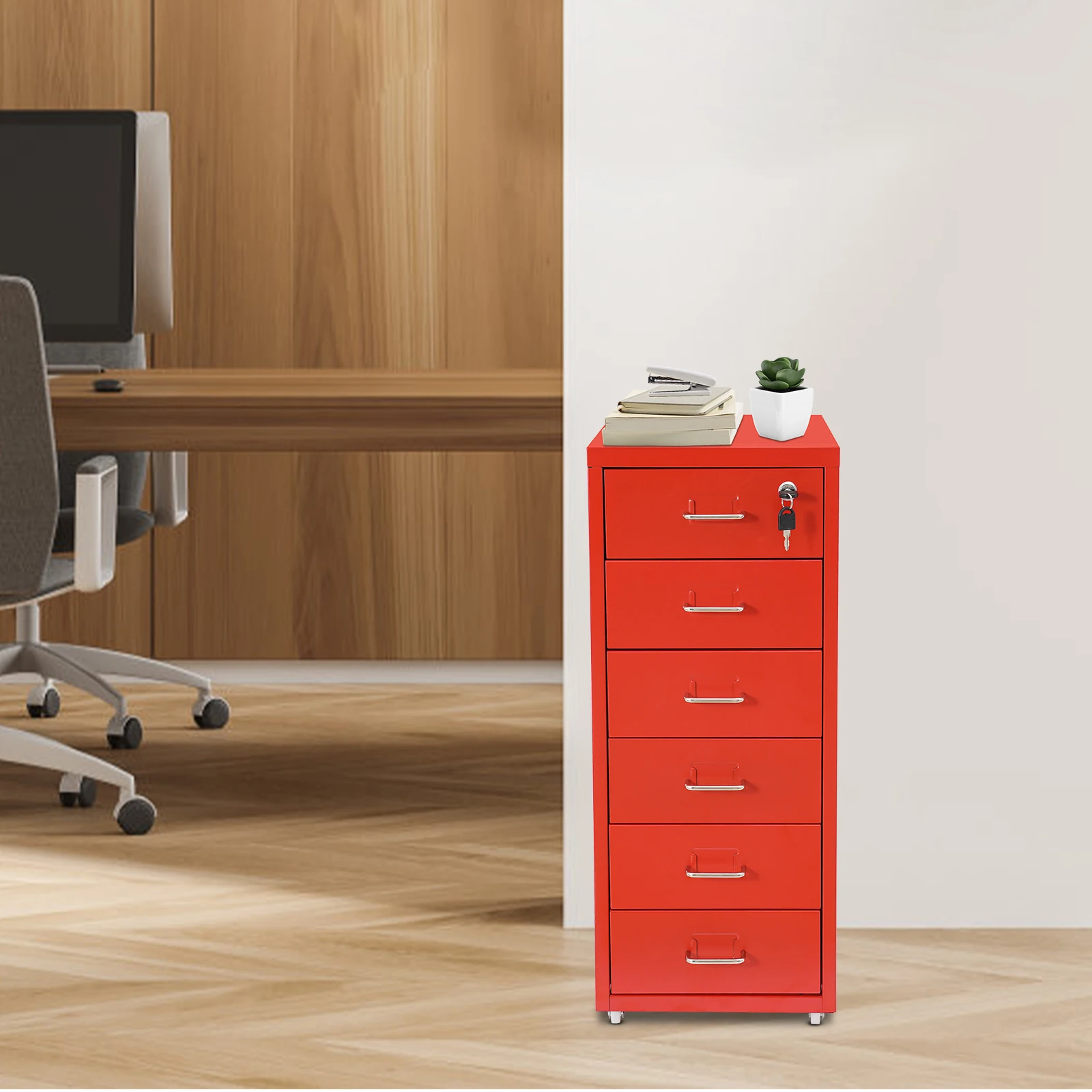 6-Drawers خزانة ملفات متنقلة مع قفل 4 * عجلات الصلب خزانة الملفات العمودية خزانة مكتب خزانة جانبية داخلية صندوق تخزين