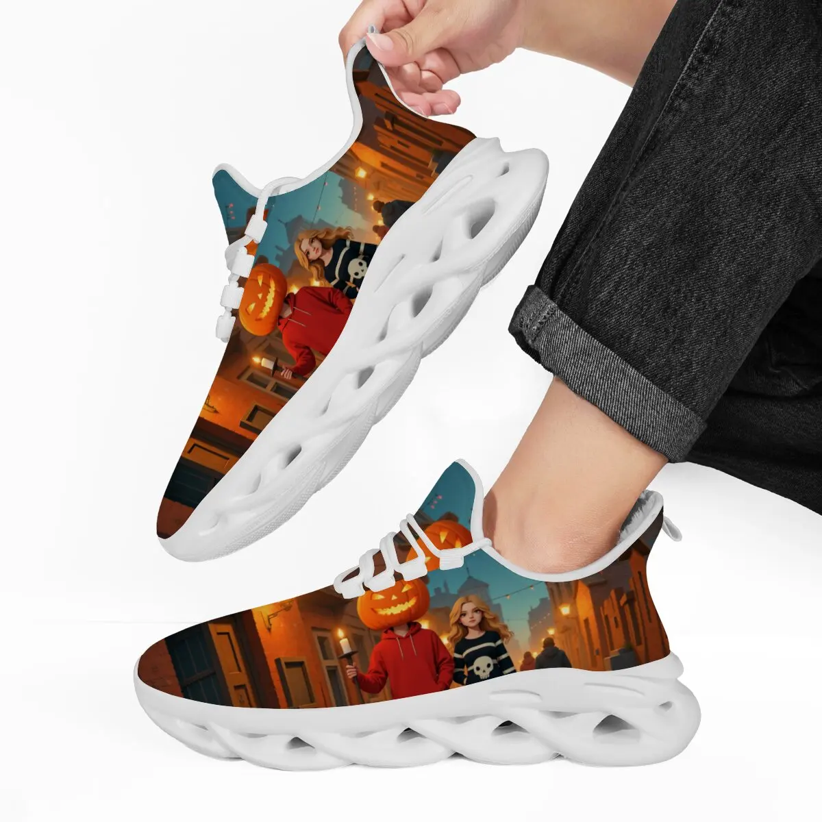 

Мужская и женская легкая летающая тканая повседневная спортивная обувь на мягкой подошве на шнуровке с рисунком тыквы на Хэллоуин