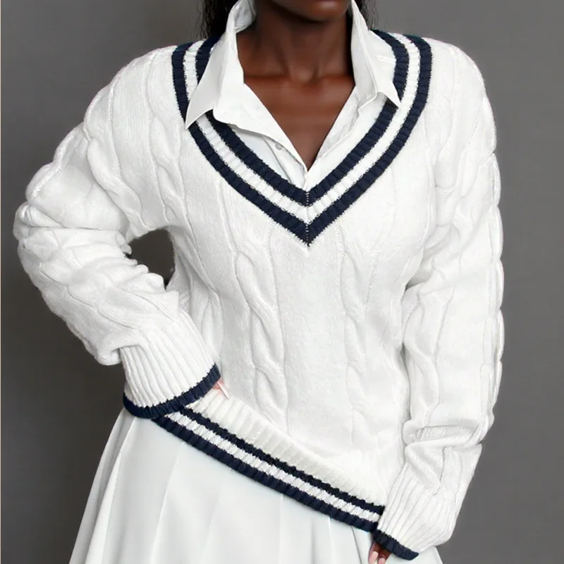 

Autumn and Winter College Style V-neck Sweater Women's Knitted Sweater Top