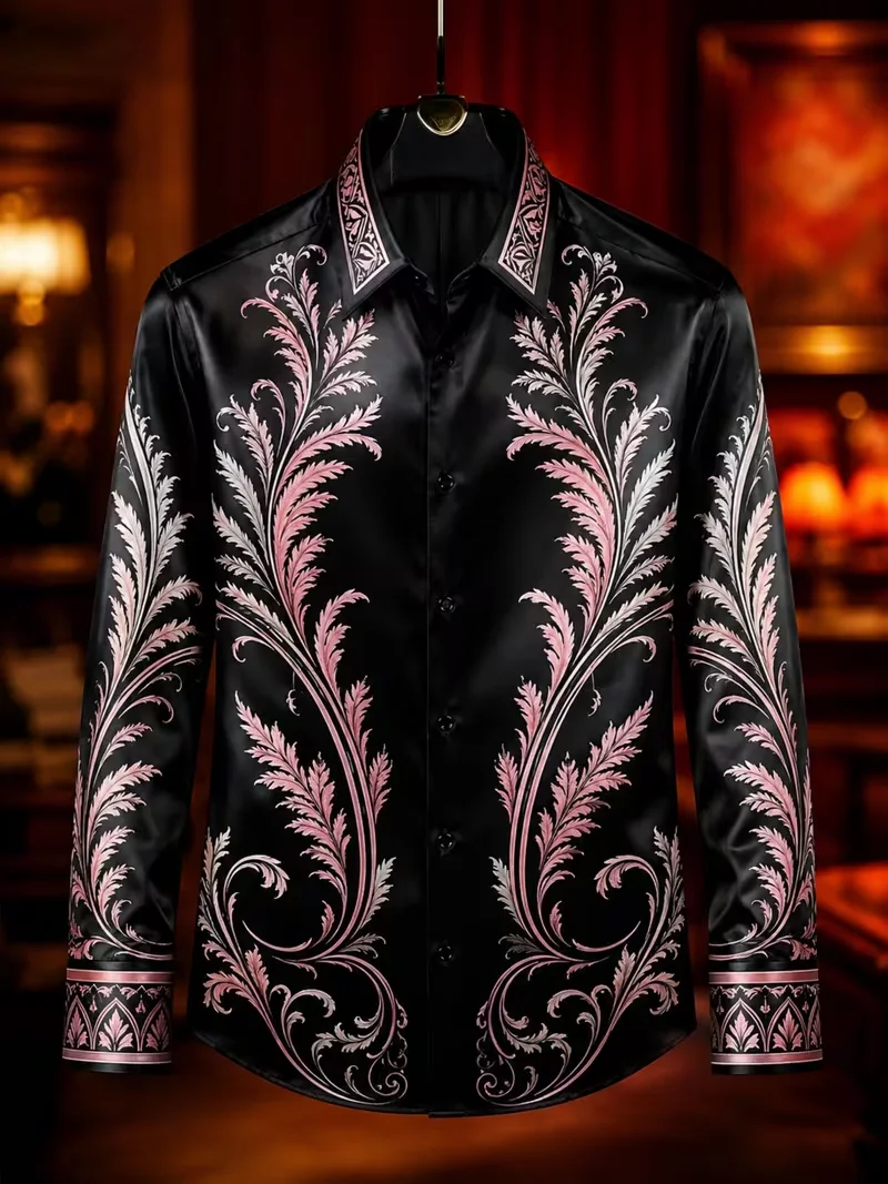 New men's gradient phoenix tail Baroque symmetrical rolled grass print long sleeved shirt with lapel top clothing