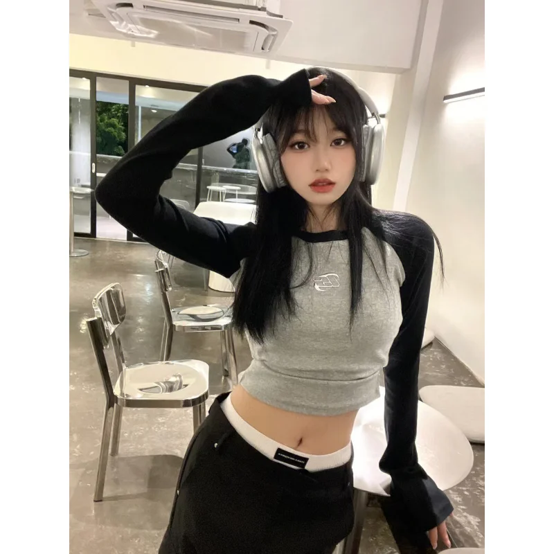 Deeptown Y2k Vintage Crop Top Long Sleeve T-Shirts Women Autumn Korean Fashion Harajuku Kpop Aesthetic Gyaru Tees Patchwork Sexy