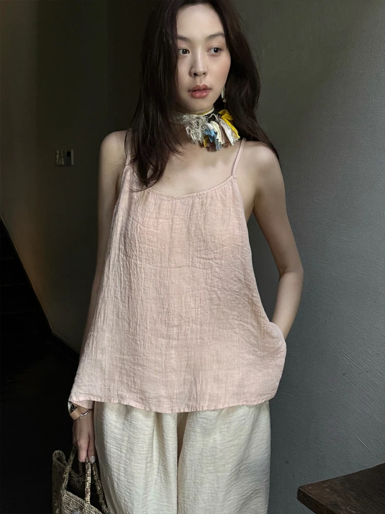 

l Crumpled Linen Strap Loose A-Line Side Split Adjustable oulder High-End Inner Light Proc Vest Top Women's Faion