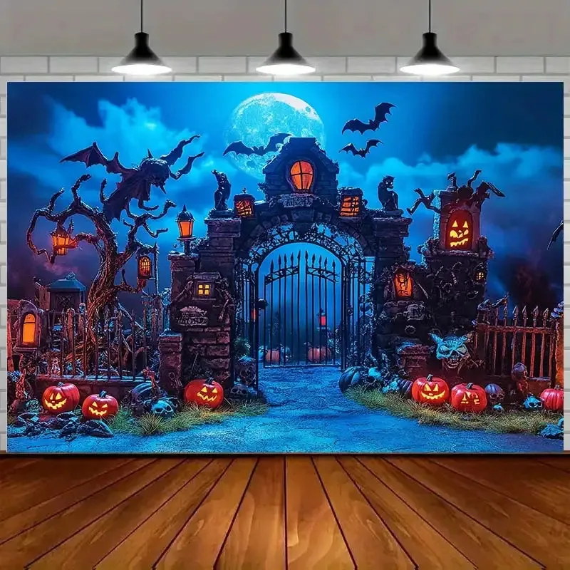 VIKAMA Halloween Gothic Wall Tapestry Blue Mist Cemetery Iron Gate Pumpkin Bat Full Moon Ghostly Day Cloth Party Decoration