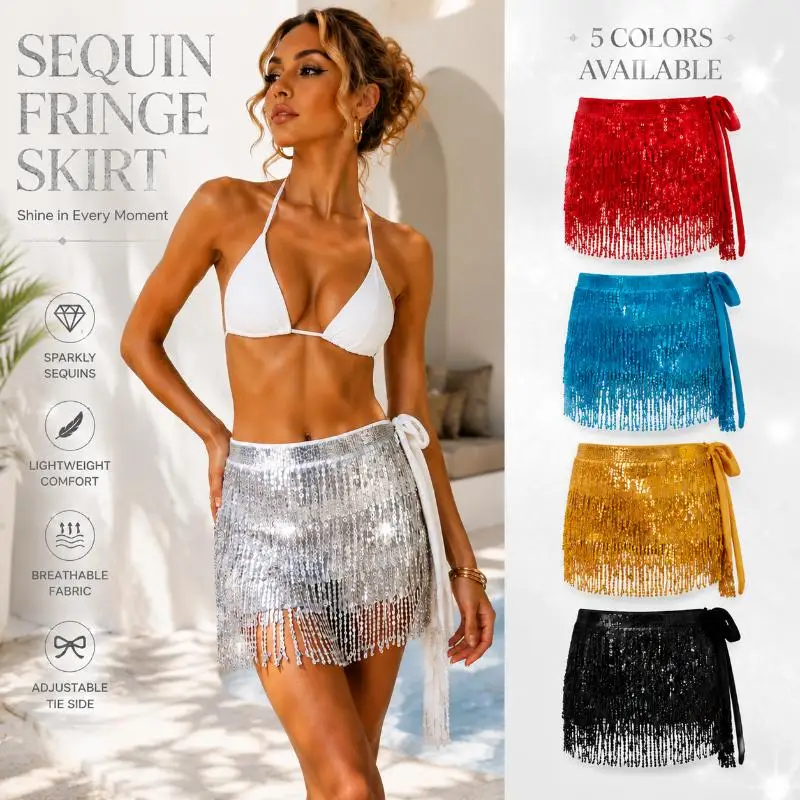Sequin Fringe Wrap Skirt Adjustable Side Tie Sparkly Sexy Women's Skirt for Night Club Rave Festival Beach Cocktail Party