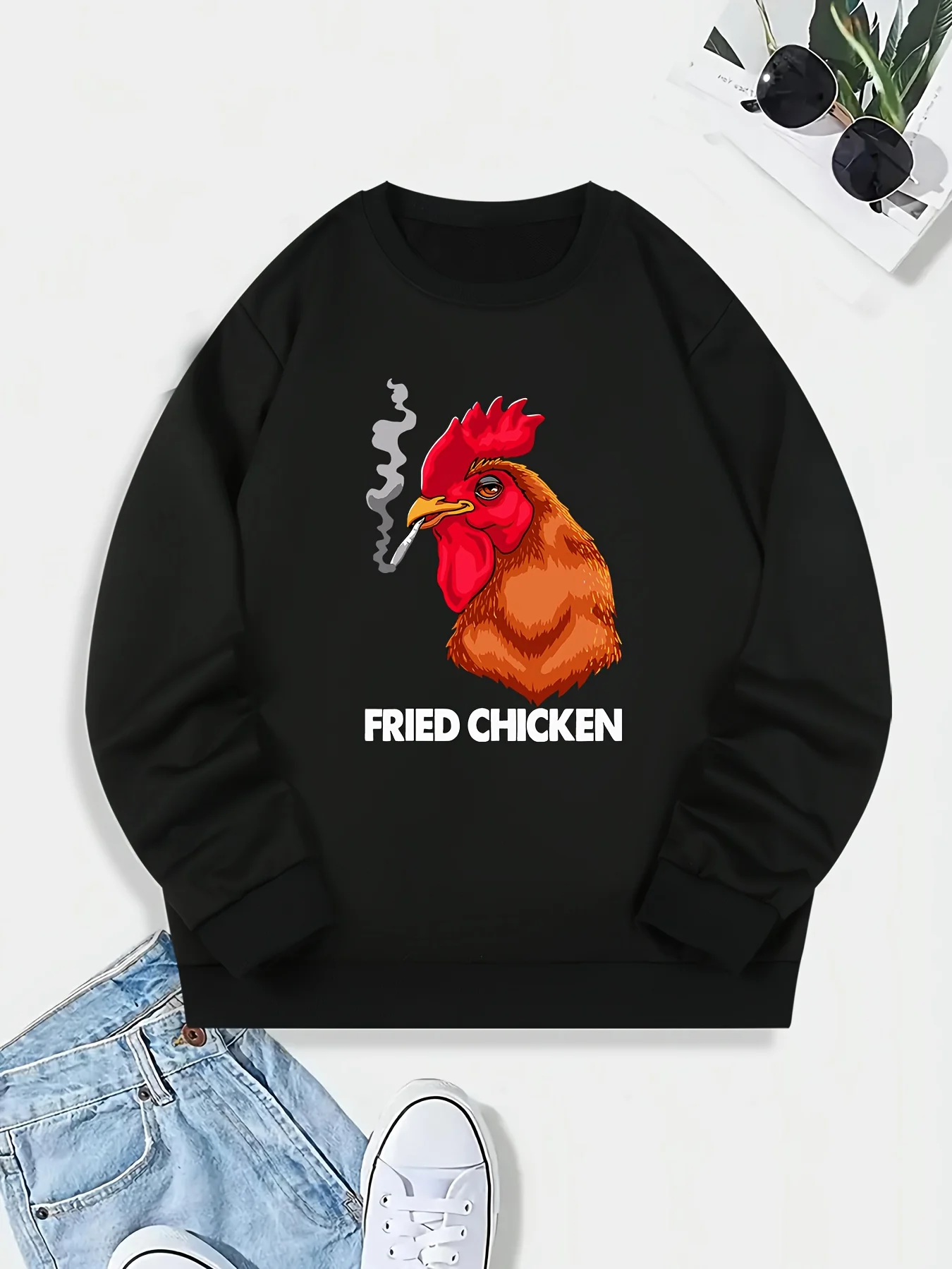 

Men'S Casual Crew Neck Sweatshirt with "FRIED CHICKEN" Print, Comfortable Long Sleeve for Spring, Fall, and Winter - Light Gray