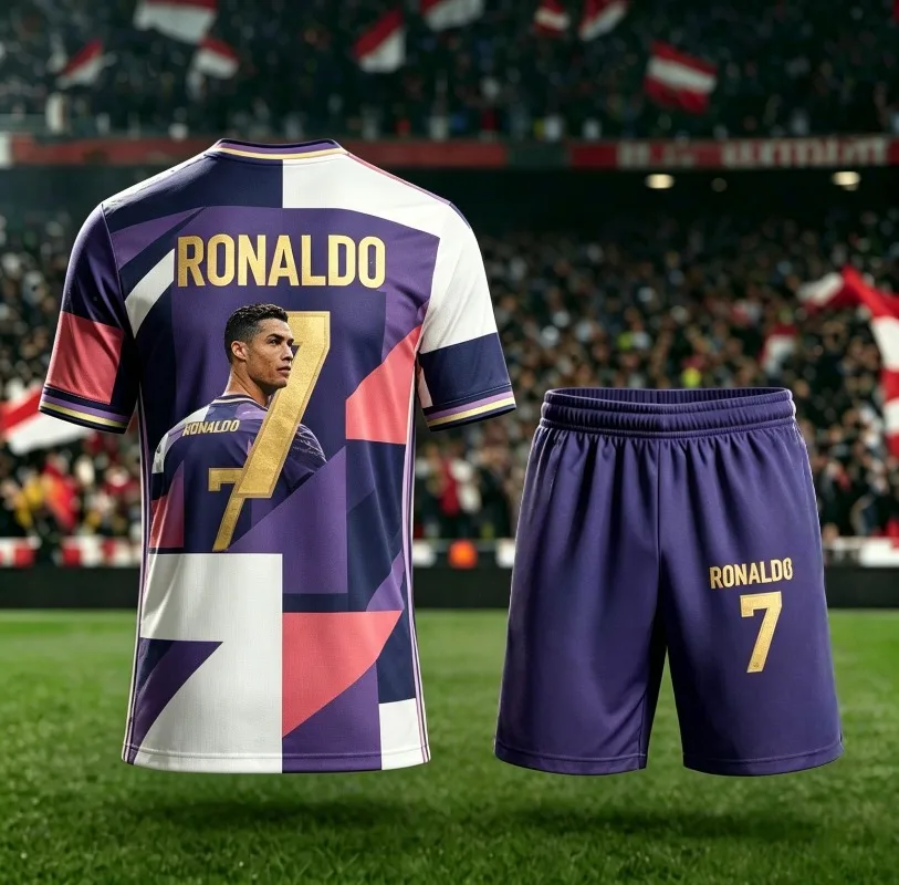 2026 Summer New # 7 Cristiano Ronaldo Short Sleeved AI Purple and White Football Shirt Adult Children Casual Large Sports Set