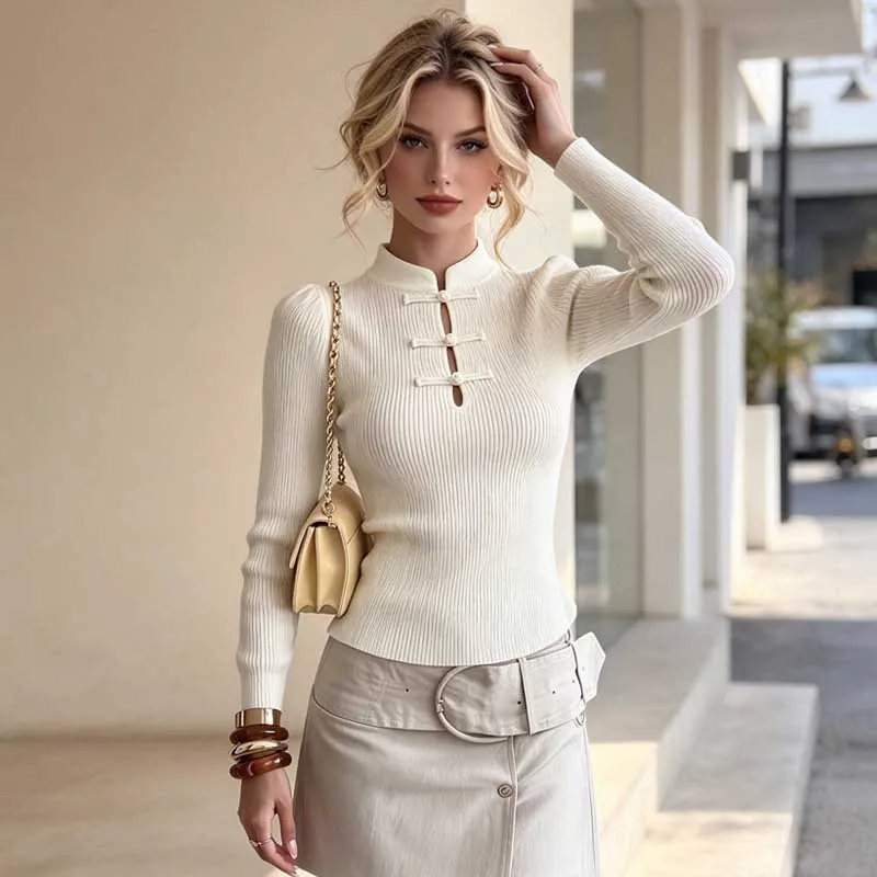 New Chic Elegant Style Sweater Frog Button Sweet Stand Collar Knit Top Slim Vertical Rib Hollow Long Sleeve National Style Women