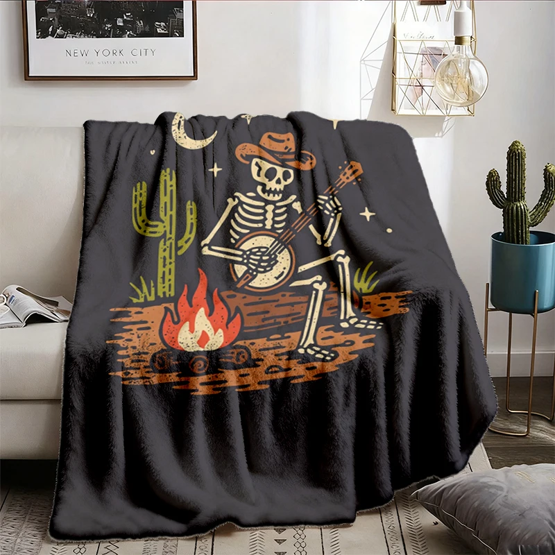 Retro Cowboy Skeleton Flannel Blanket, Desert Campfire Throw, Vintage Western Halloween Gift