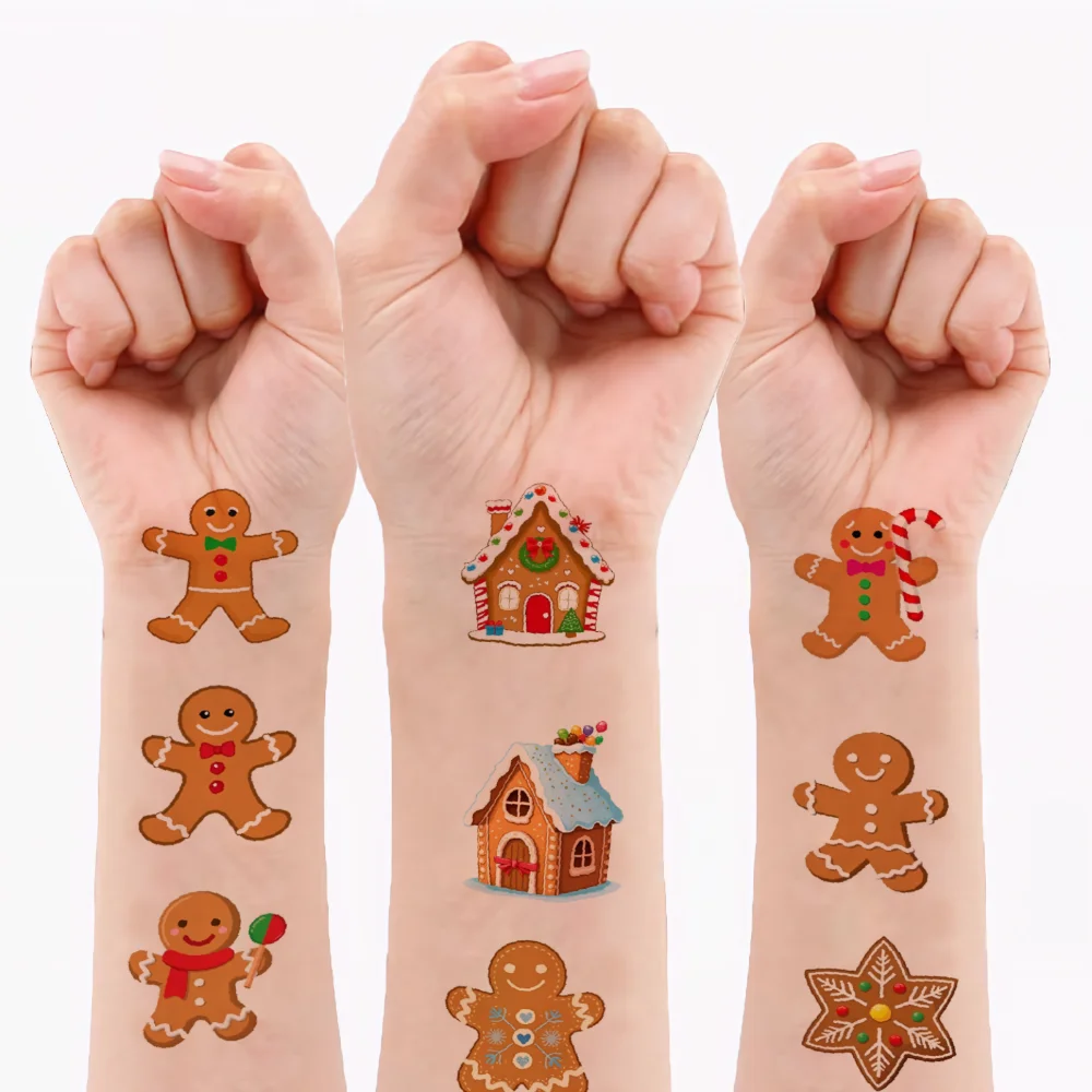 54pcs Temporary Tattoo Candy Cane Temporary Tattoo Stickers Reindeer Gingerbread House Cartoon Snowflake For Cheeks Adults