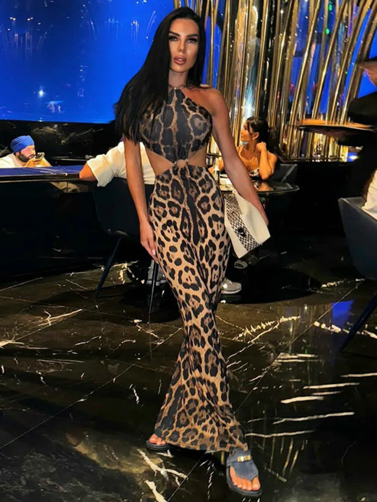 Mozision Leopard Print Maxi Dress For Women Halter Sleeveless Backless Bodycon Long Dress Ladies Strapless Sexy Slipdress