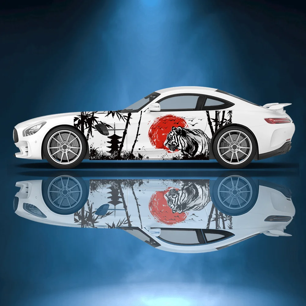 

Black and White Tiger Red Sun Car Vinyl Wrap Decal Self-adhesive PVC Sticker Suitable for Trucks SUV Decoration Auto Accessories