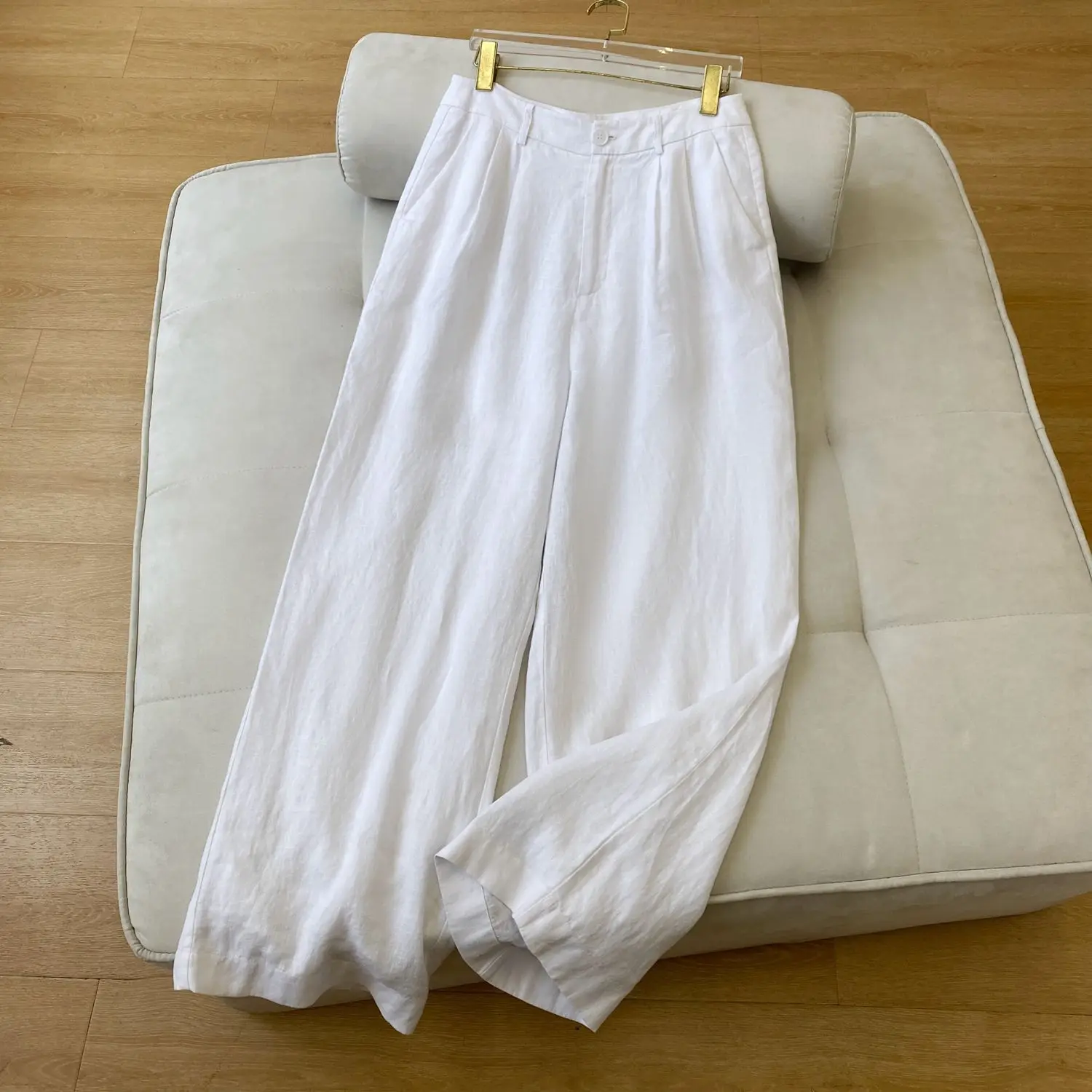 French Style Women 100% Linen White Long Pants Elegant Lady All Match Solid High Waist Wide Leg Trousers Pant 2026 Spring Summer