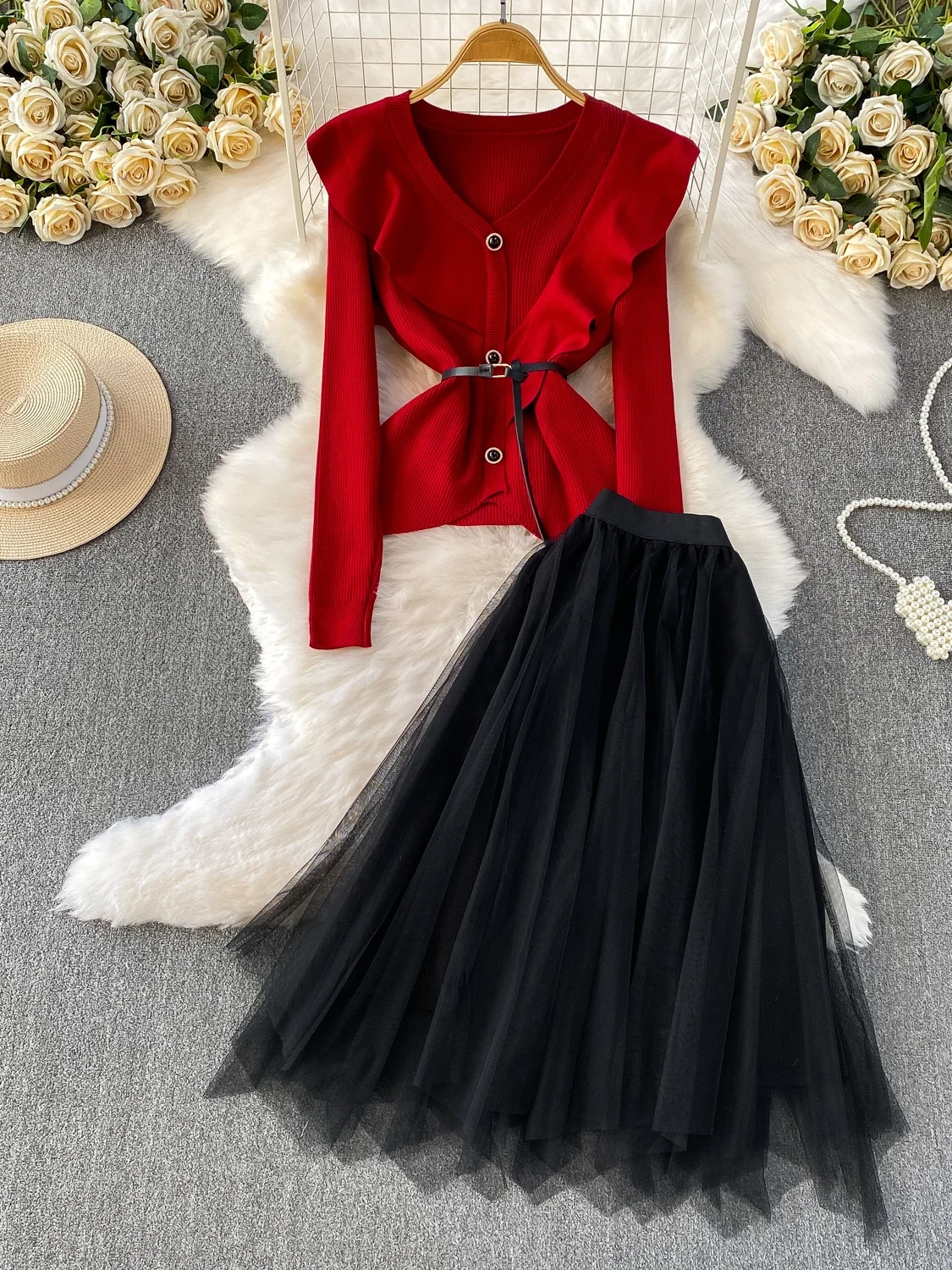 

Комплект юбки Ele V-Ne Jaet And Me, женский модный осенний наряд, высокая талия, волан подол, комплект из двух предметов, повседневная одежда