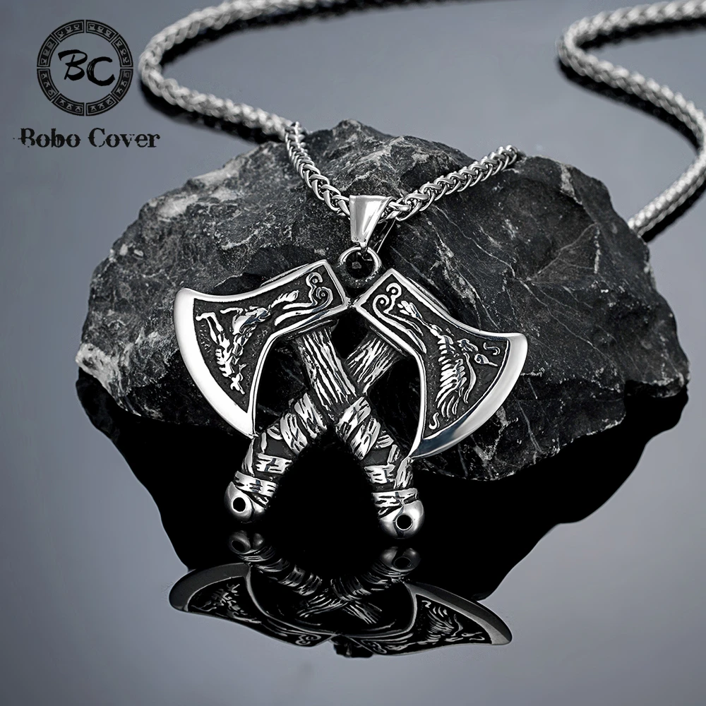 Collares con hacha de doble filo Vikingos para hombre, colgante de acero inoxidable con hacha nórdica, cordón de cuero, regalo de joyería de guerrero celta
