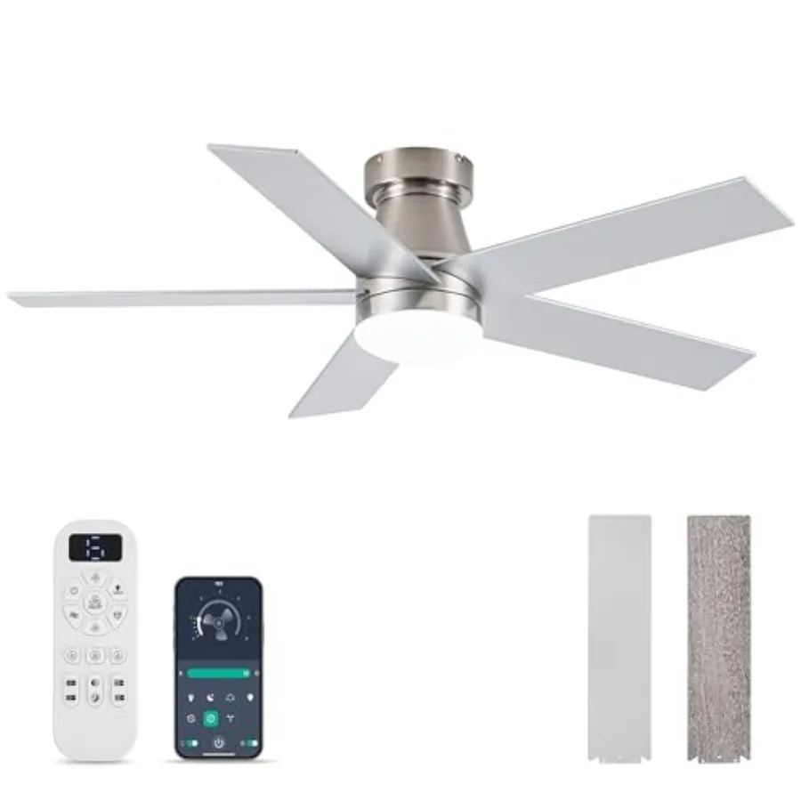 

Ceiling Fans with Lights and Remote Control, Brushed Nickel Flush Mount Ceiling Fan with Light 3-Color Dimmable, Memory for Lig