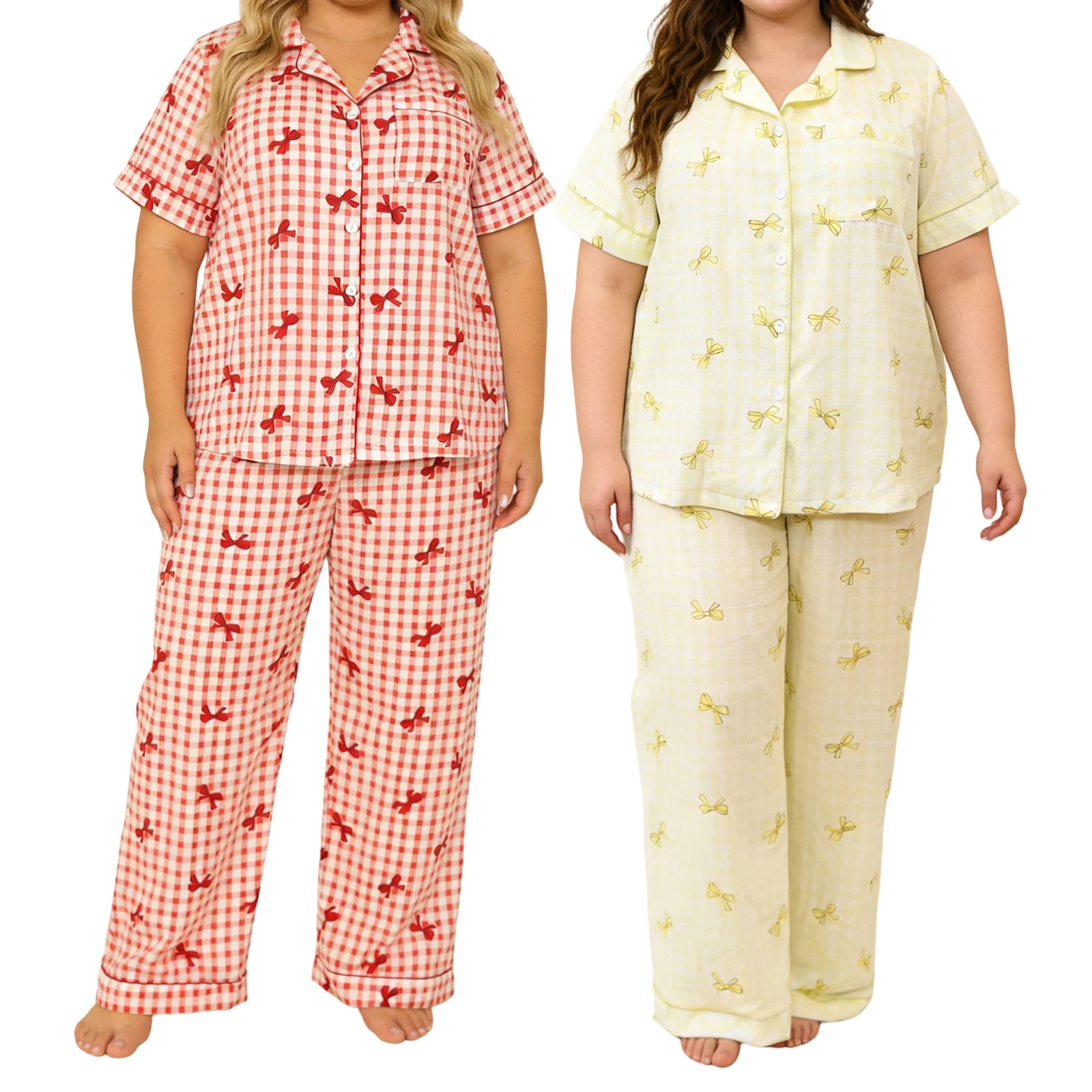 

Women Plus Size Pajamas Lounge Set Plaid Bowknot Print Short Sleeve Tops and Pants 2 Piece Loungewear Outfits