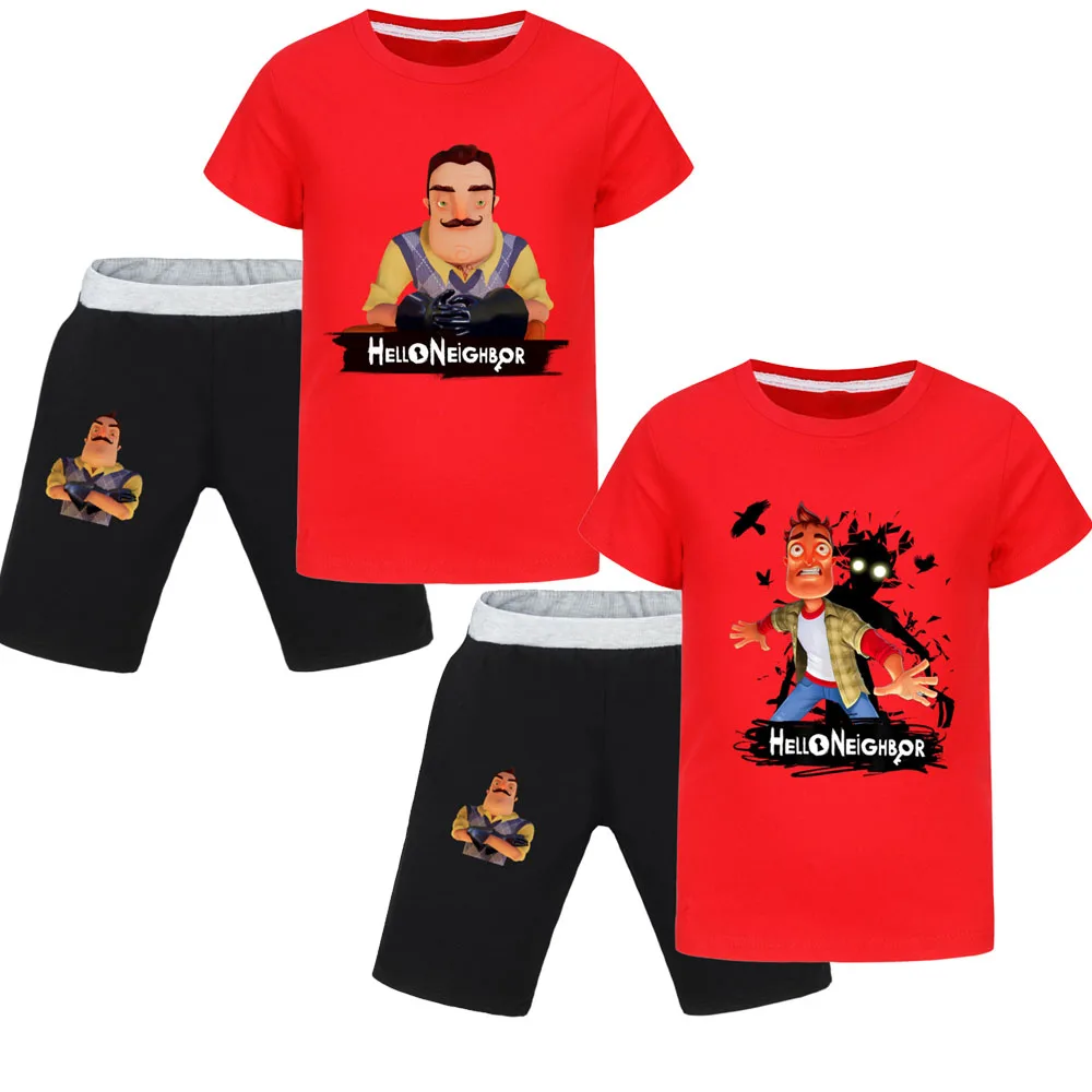 Verano niños HELLO NEIGHBOR camiseta pantalones cortos 2 uds conjuntos niños Anime Camiseta de algodón pantalones verano niños conjuntos de ropa de bebé