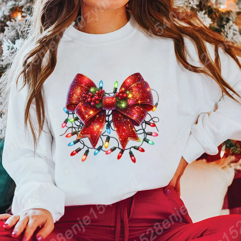 Christmas Light Bow Print Sweatshirts Autumn And Winter Long Sleeve Tops Round Neck Casual Pullovers Women Hoodeless Sweatshirts