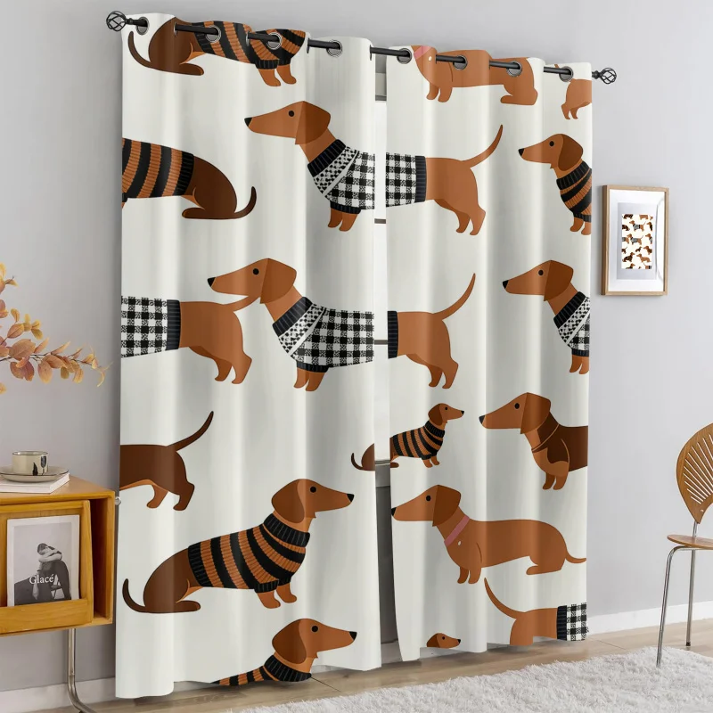

2Pcs Plaid Sweater Dachshund Print Perforated Blackout Curtains, Multi Size Living Room Bedroom Insulation Decoration