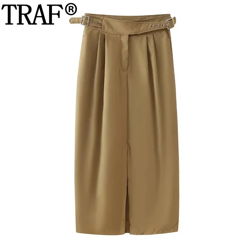 

TRAF Buckle Belt Midi Skirt Woman Slit Long Skirts For Women Office Casual High Waist Skirt Summer Elegant Social Women'S Skirt