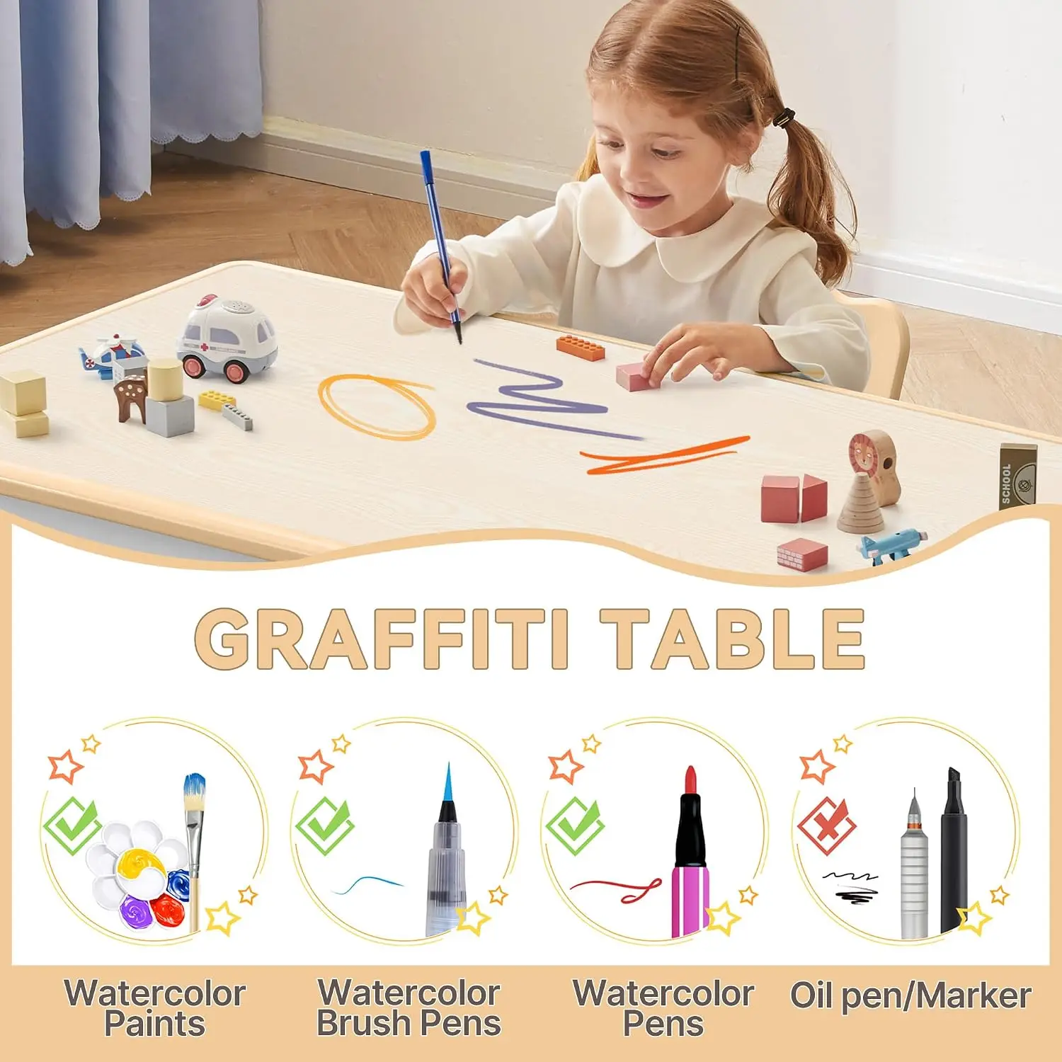 Kids Study Table and Chairs Set, Height Adjustable Toddler Table and Chair Set for Kids Ages 3-8, Graffiti Desktop image 6