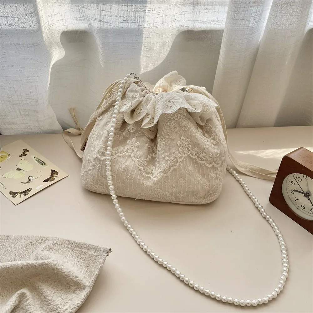 

Корейский стиль, кружевная сумка с цветком на шнурке, жемчужная цепочка, сладкий комплект, карман с принтом, сумка для хранения, ведро, сумка для отдыха