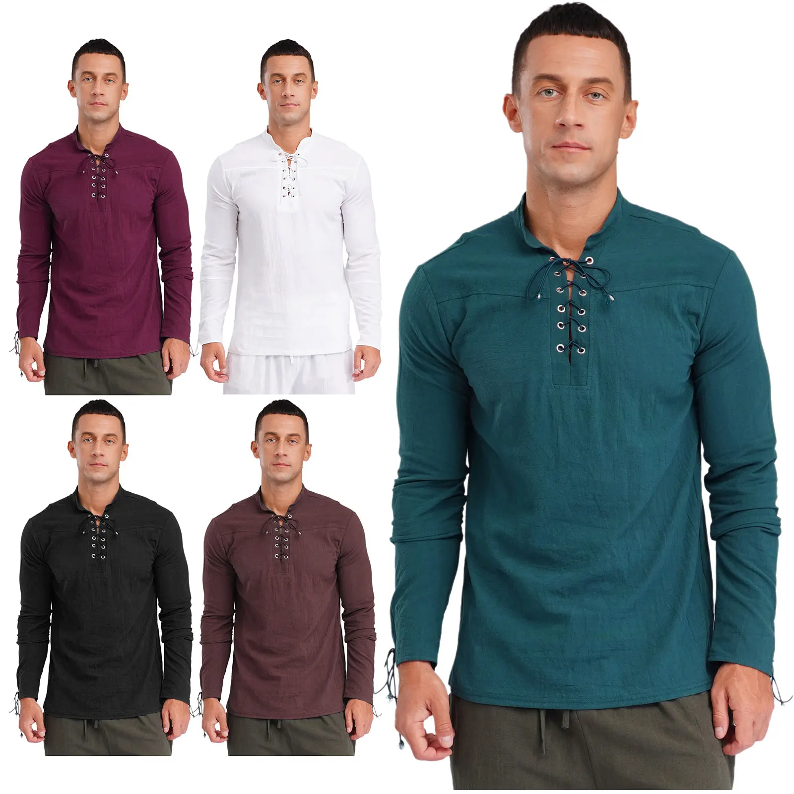 رجل القرون الوسطى عصر النهضة فايكنغ القراصنة قميص طويل الأكمام الدانتيل متابعة القمصان فيكتوريا خمر قمم هالوين موضوع حزب حلي