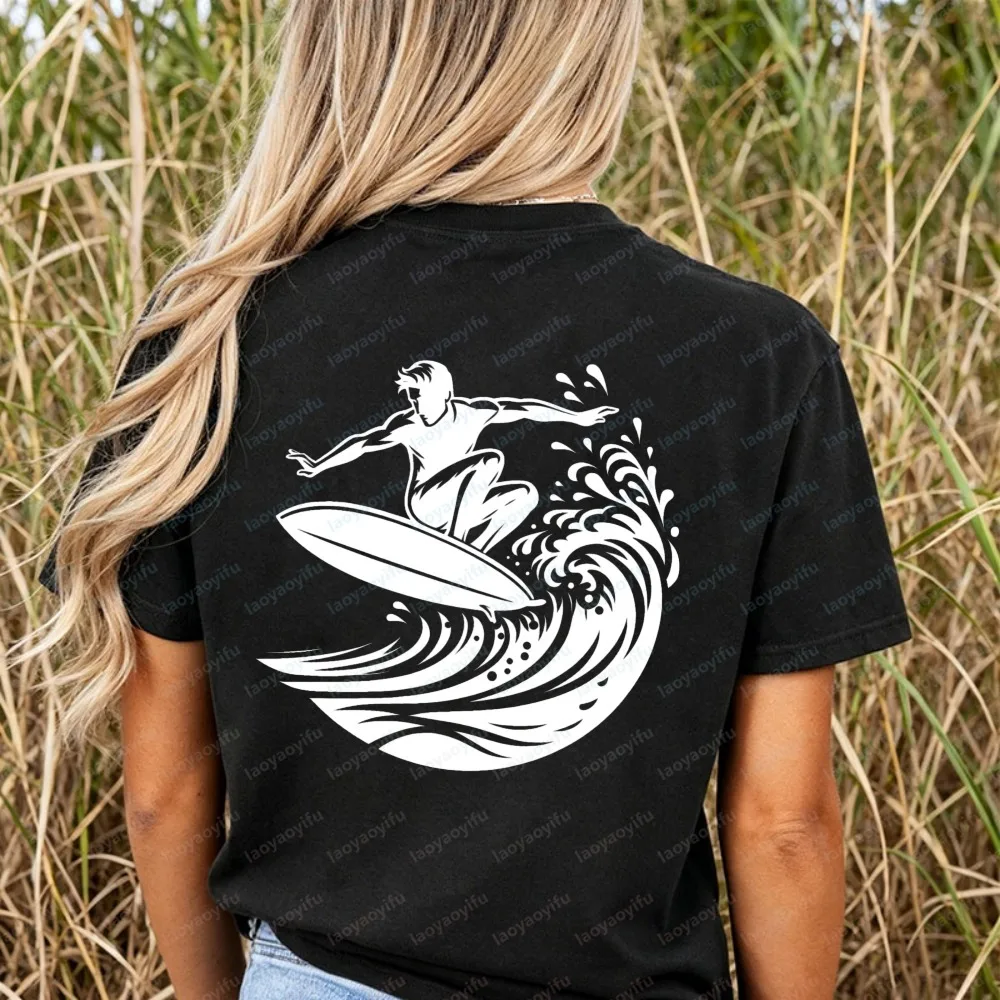 Retro Surfer Wave T-Shirt für Damen, Surf-Grafik-T-Shirts, lässige Kurzarm-Baumwolloberteile, Sommer-Strand-Urlaubshemden, Damenbekleidung