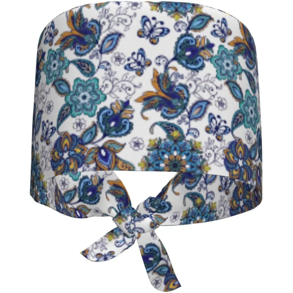 

Дышащая шапка-скраб с цветами и бабочками пейсли для медсестер и врачей. Регулируемая рабочая шапка с влагоотводящей тканью.