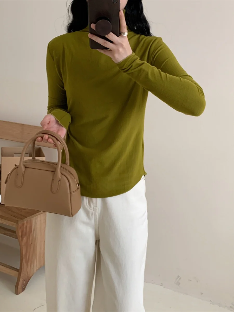 Comfortable Knitted High Collar Sweater Soft Lazy round Hem Vintage Sle Long Sve Crew Ne Pullover Soft Mustard een