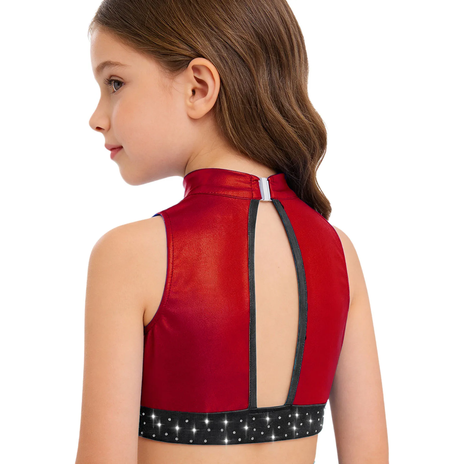 أطفال بنات رياضي الشكل التزلج الجمباز الرقص أزياء مسرحية بلا أكمام انقطاع لامعة الراين لامع المحاصيل الأعلى #3