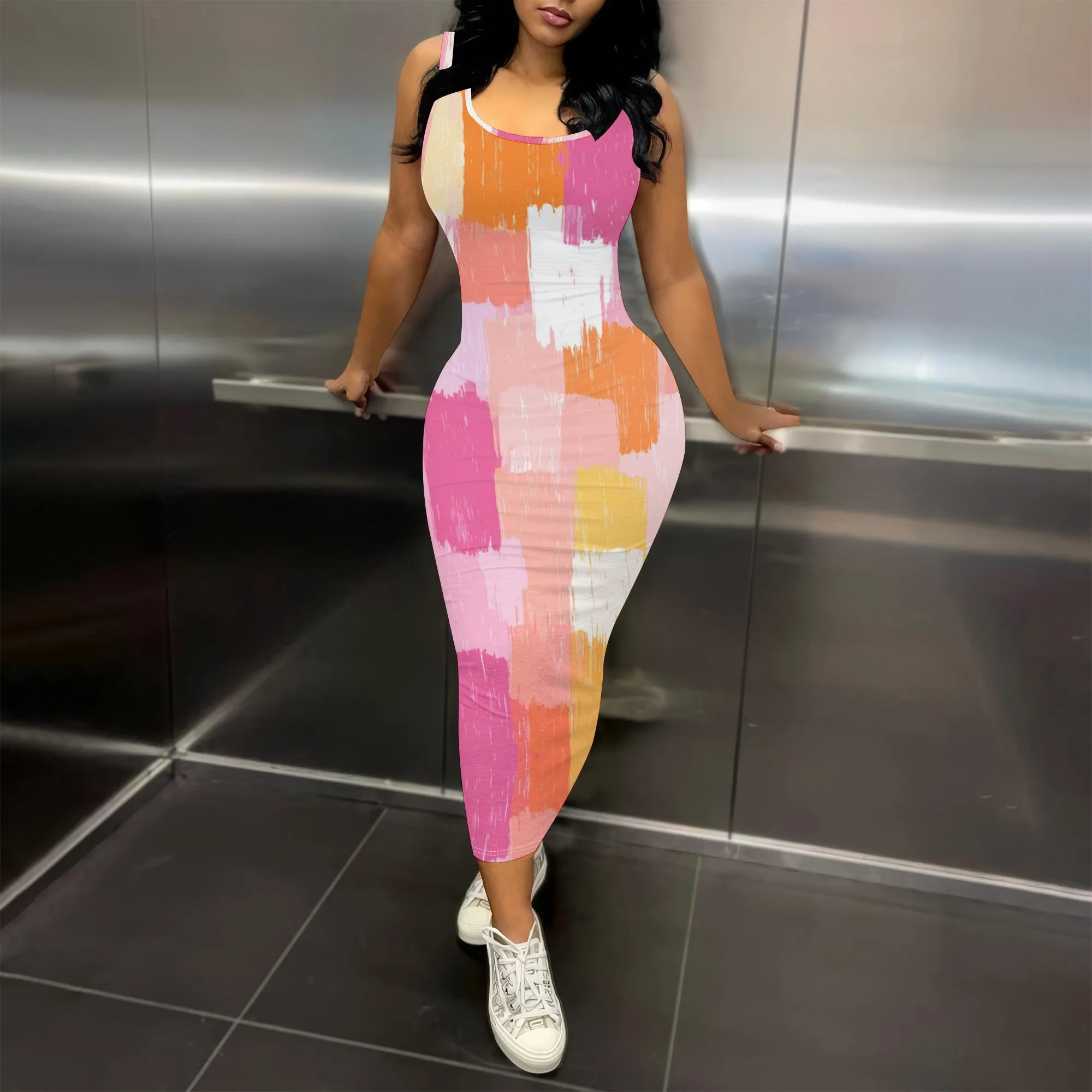 

Women's Abstract Color Block Print Maxi Dress Tank Top Sleeveless Bodycon Casual Dress XS-3XL