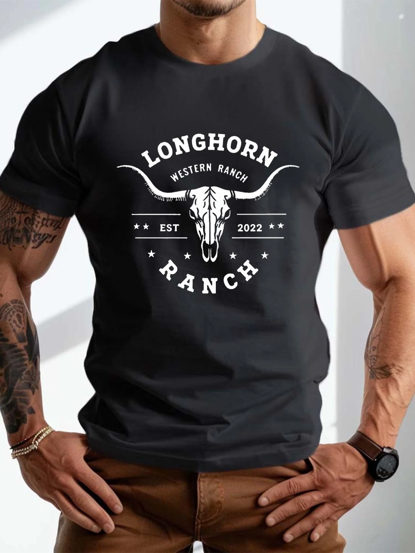 Western Ranch T-Shirt - Oversized Bull Skull and Long Logo Print, Breathable Short Sleeves, Featuring the Western Ranch  Logo with Horse and Cactus Design, Suitable for Casual Cowboy Ranch Wear