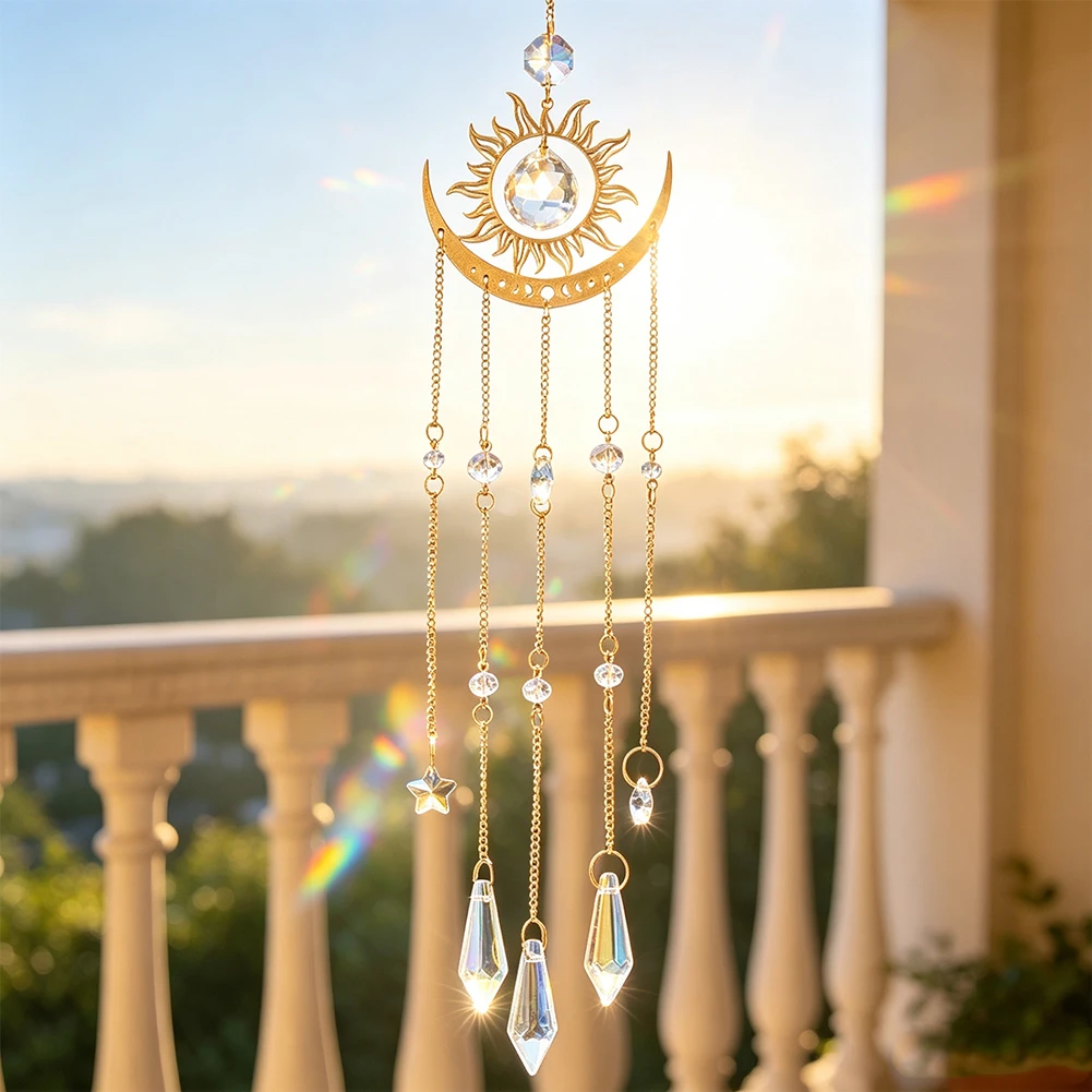 Klarer Kristall Sonne Mond Stern Sonnenfänger Prisma Hängendes Ornament Glücksbringer Feng Shui Fenster Heim Veranda Wanddekoration Regenbogenprojektion – Detail 6