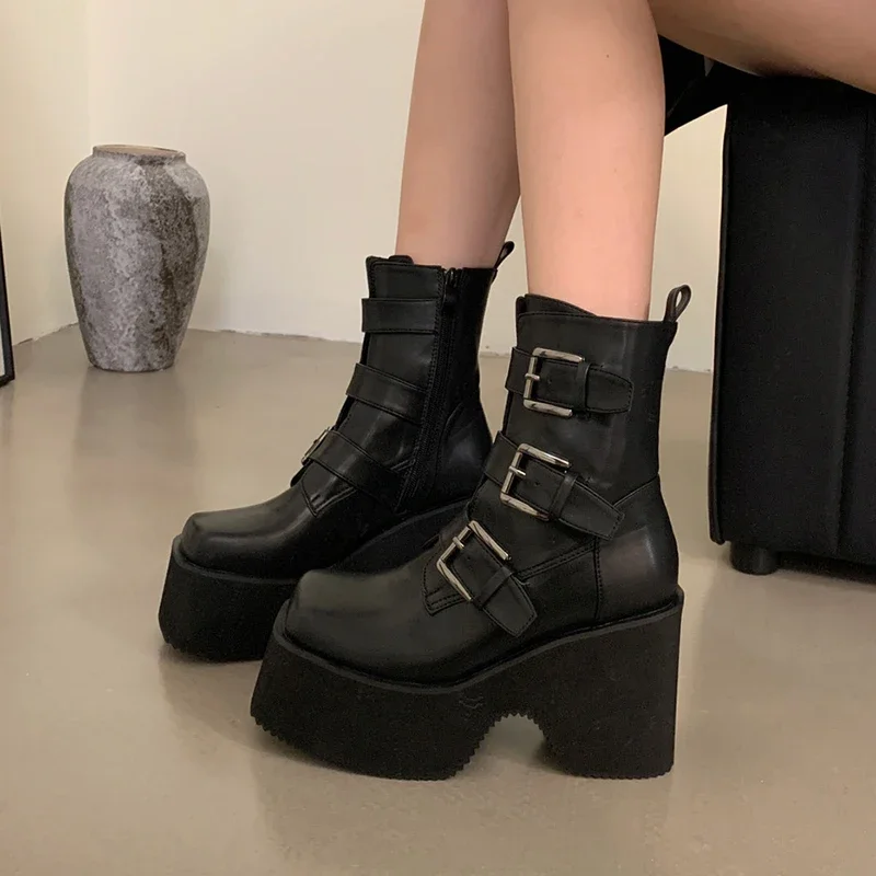 2023 Ankle Boots Platform Wedge Super High Heel Gothic Metal Heart Female Pumps Autumn Ladies Belt Round Toe Lolita Punk Shoe