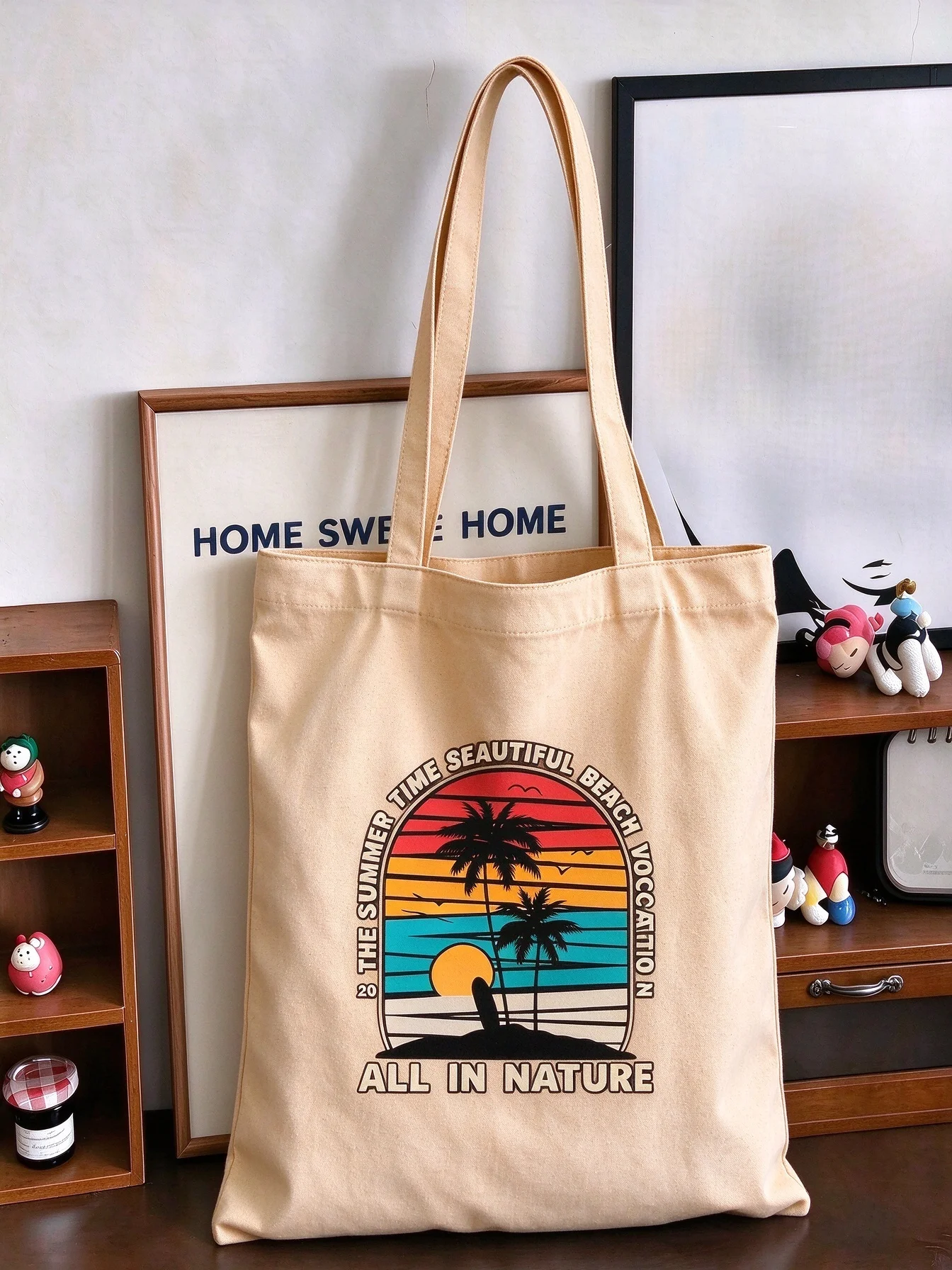 2026 Canvas Tote Bag Retro Summer Beach Palm Tree Sunset Print Shoulder Handbag All In Nature Casual Reusable Shopping Bag