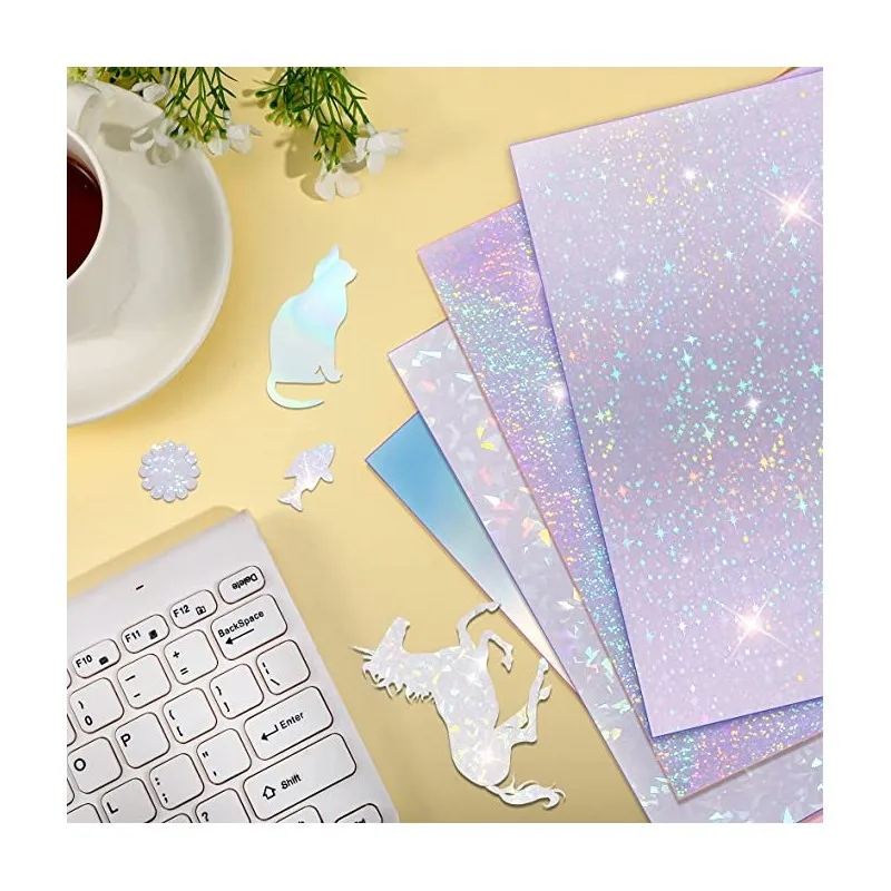 12 SheetsXA4 Film Sparkle Holographic Laminate Sheets Clear Glitter A4 Size Vinyl Sticker Paper Holographic Overlay Self Adhesiv