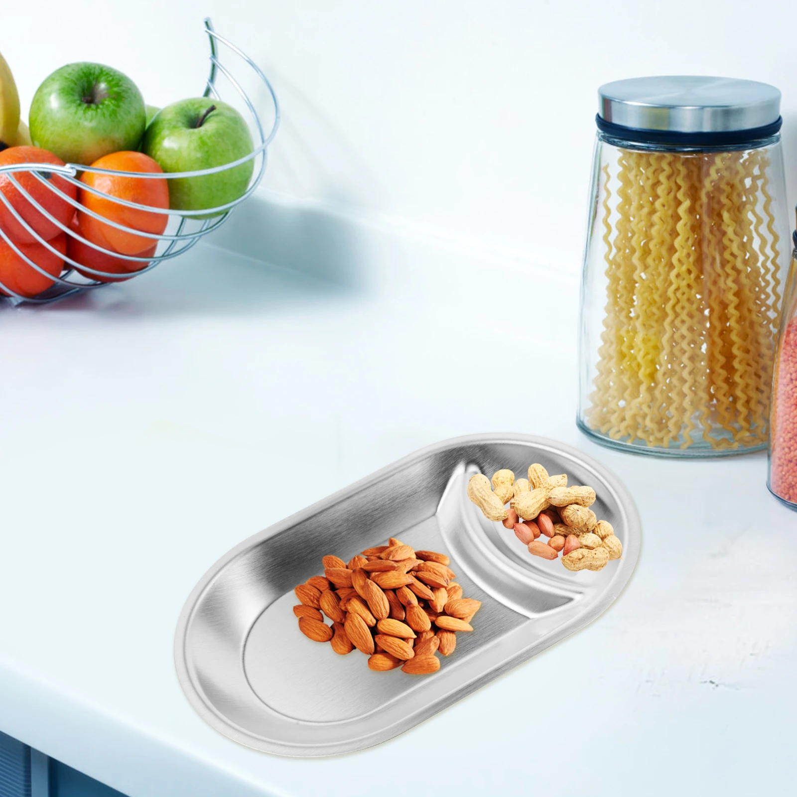 

Stainless Steel Snack Plate Metal Serving Tray Elegant Design Divided Sections For Dipping Sauce Pastry Microwave Safe