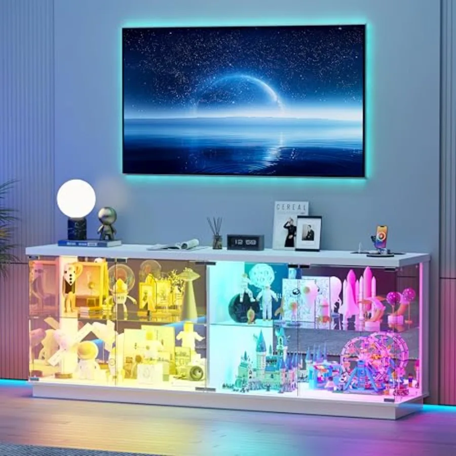 59" W Large Display Cabinet with Glass Doors and Sensor RGB Lights