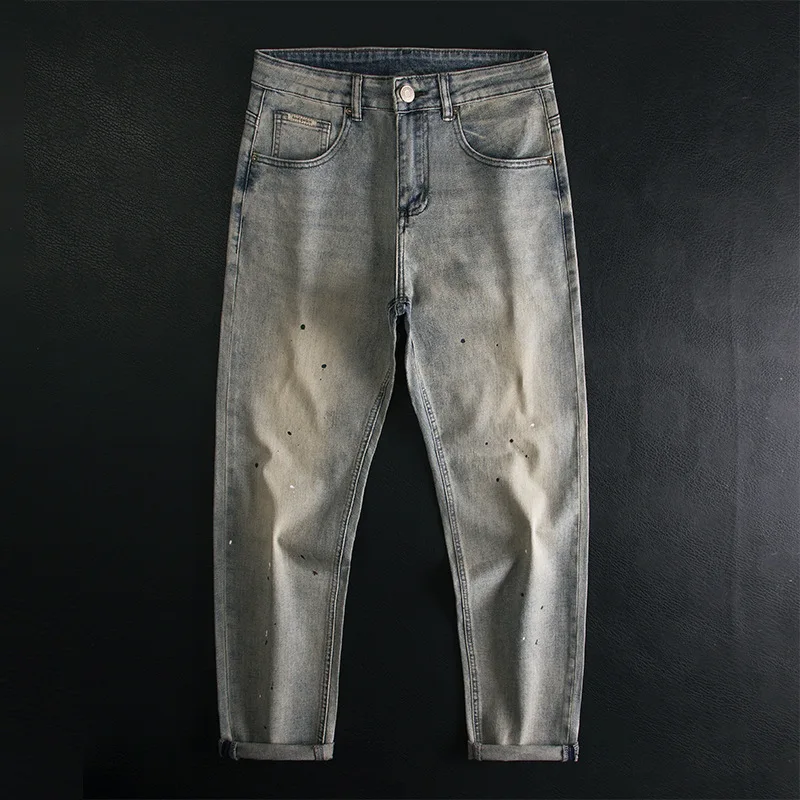 High Street Inkjet Printed Jeans for Men, Straight Stretch, Fashionable, Personalized, Trendy Hip Hop Long Pants