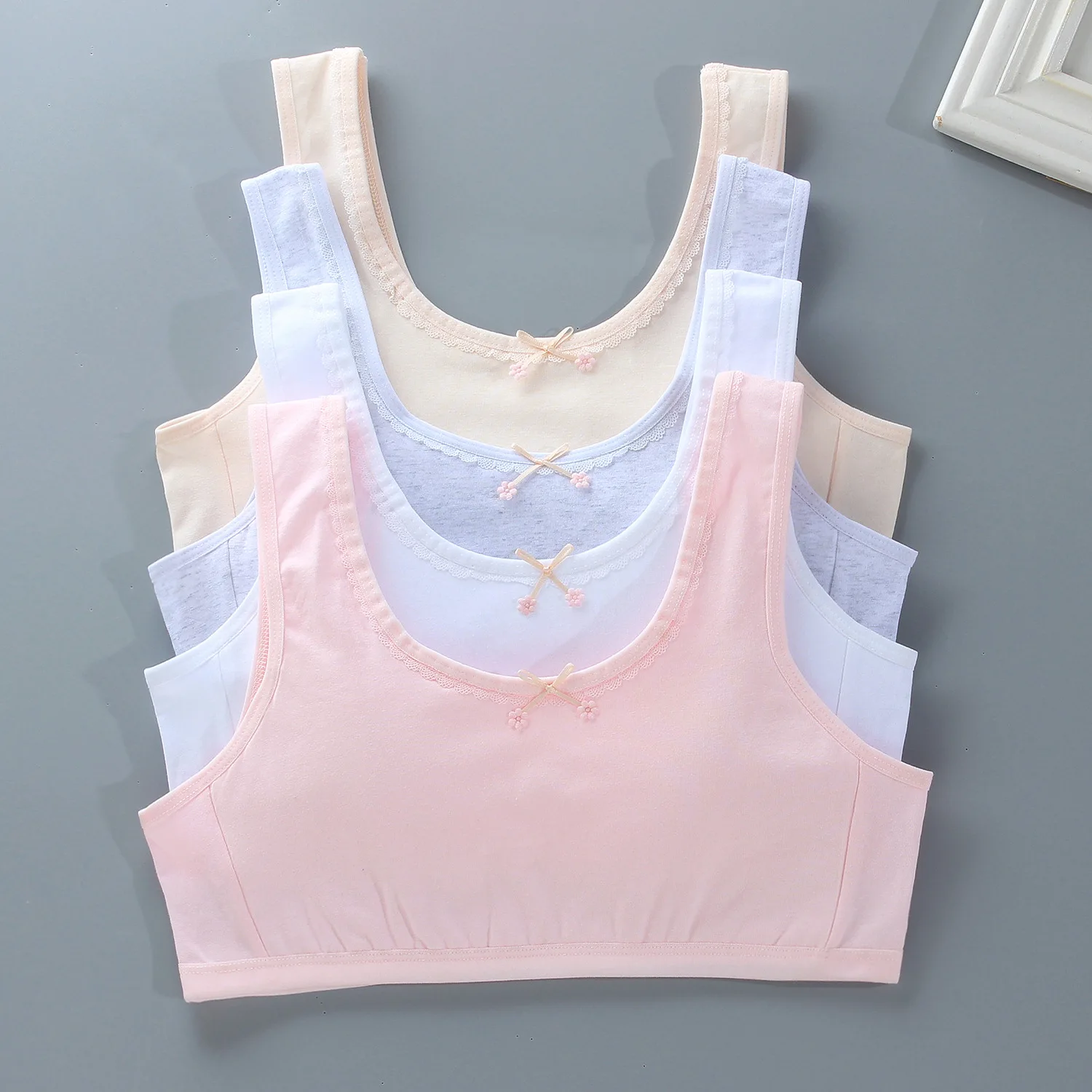 New Girl Vest Development Stage Girl Bra Bow Lace Underwear Sling Cotton Summer Comfortable and Breathable 10-15 Year Old Bra