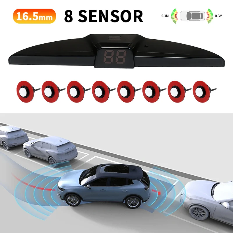 16.5mm 8 Sensor Parking Radar Kit with LED Distance Display & Beeping Alarm 12V Waterproof Reverse Sensor for SUV MPV Van