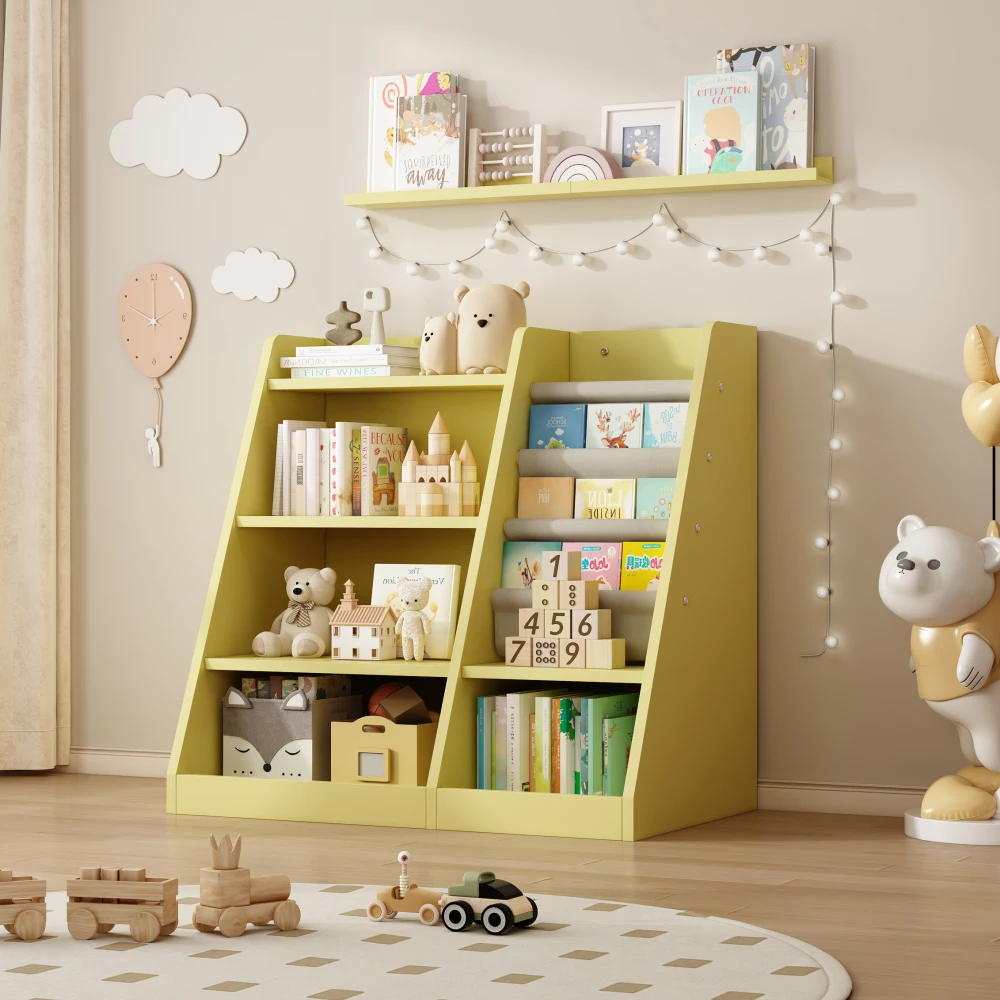 

Yellow Wooden Toy Storage Organizer Cabinet Kids Bookshelf Children Bookcase Toddler Baby Sling Book Rack Shelf for Playroom