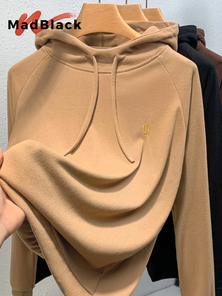 

MadBlack-Женская утепленная флисовая футболка с капюшоном, сексуальный однотонный топ на шнуровке, свободная спортивная футболка с длинными рукавами для уличной одежды, осень-зима C4N725CC