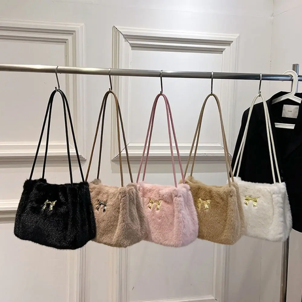 Cream Color Plush Bow Shoulder Bag Large Capacity Korean Style Vacation Tote Bag Office Worker Tote Solid Color Shoulder Bag