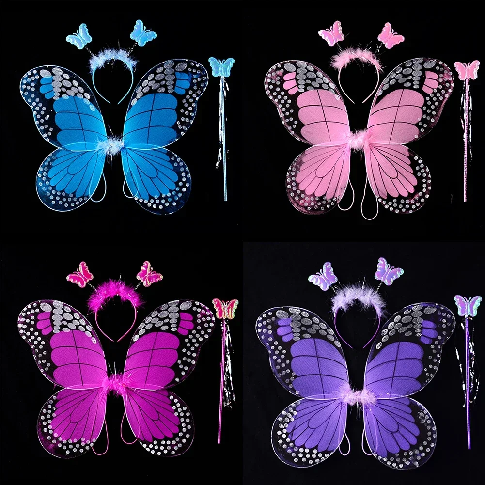 3/4Pcs Adult Kids Fairy Costume Set Simulation Butterfly Wings Pointed Headband Wand Princess Girls Party Dress Up Christmas