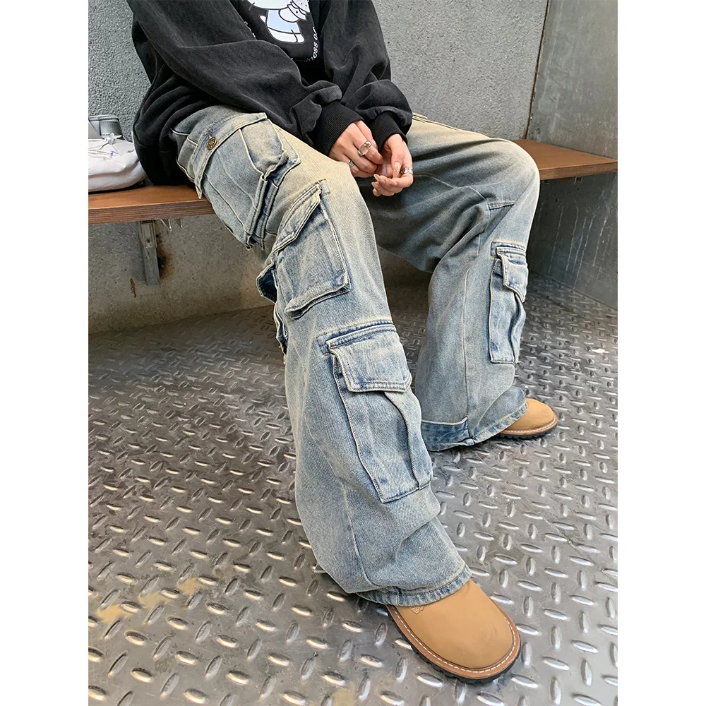 Spodnie Cargo Jeansy Damskie Vintage Długie Do Podłogi Wiele Kieszeni Niska Talia Sprane Postarzane Streetwear Luźne Spodnie Denimowe 2025